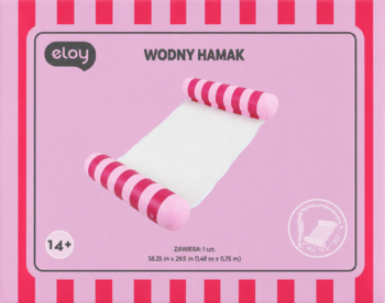 Eloy wodny hamak w różowym opakowaniu. Biała siatkowa powierzchnia, dwa różowe dmuchane wałki w paski. Widok z przodu.