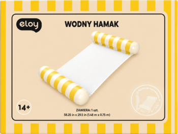 Eloy Wodny Hamak, ilustracja na kremowym opakowaniu, z żółto-białymi dmuchanymi częściami i białym środkiem.