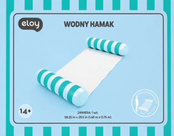 Eloy wodny hamak dmuchany, biały z turkusowymi wałkami w paski, widok z przodu, na błękitnym tle.