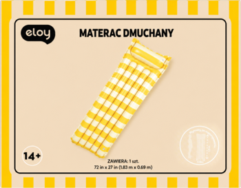 Żółto-biały materac dmuchany Eloy w kratę, z integralną poduszką, do pływania, widok z góry.