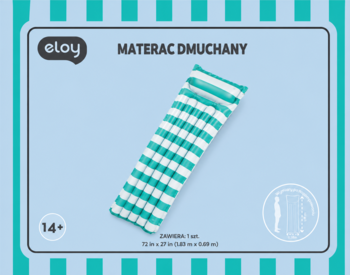 Dmuchany materac Eloy o wymiarach 186x69cm, w biało-turkusowe paski, z poduszką, widok z góry.
