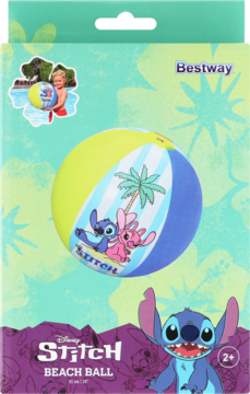 Piłka dmuchana Bestway Disney Stitch, żółto-niebieska z postaciami w opakowaniu. Widok z przodu.