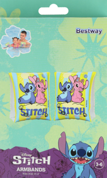Bestway Disney Stitch rękawki pływackie 3-6 lat, opakowanie turkusowo-fioletowe z żółtymi rękawkami i grafiką.