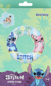 Opakowanie dmuchanego koła do pływania Bestway Disney Stitch, niebieski Stitch i różowa Angel, dla dzieci 3-6 lat.