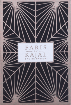 Kajal Faris woda perfumowana, czarne opakowanie z rose gold wzorem Art Deco, frontalny widok z nazwą.