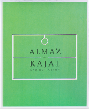Woda perfumowana Kajal Almaz, zielone pudełko z białym napisem 'ALMAZ by KAJAL EAU DE PARFUM', widok z przodu.