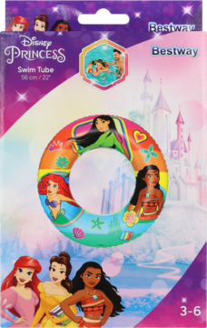 Disney Princess Swim Tube Bestway 56 cm, kolorowe dmuchane koło z księżniczkami na fioletowym opakowaniu.