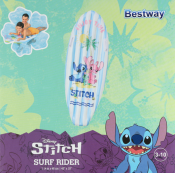 Promocyjne opakowanie dmuchanej deski Disney Stitch Surf Rider Bestway, biało-niebieska z Angel i Stitchem.