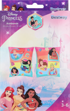 Disney Princess Bestway Armbands w opakowaniu, różowo-niebieskie dla dzieci 3-6 lat, z Ariel i Moaną, widok z przodu.