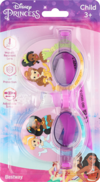 Różowe okularki pływackie Disney Princess dla dzieci, z wizerunkami księżniczek na soczewkach, w blistrze.