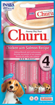 Inaba Churu Creamy Dog Treat Chicken with Salmon, 4 Tubes. Blue & pink package, beagle puppy, front view.