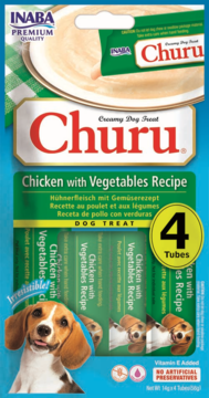 Ciao Churu Chicken with Vegetables, kremowy przysmak dla psa, opakowanie z 4 tubkami i beagle.