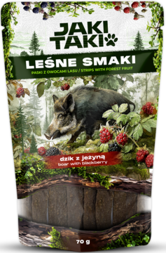 JAKI TAKI Leśne Smaki dzik z jeżyną, saszetka na przekąski z dzikiem i leśnym tłem, 70g.