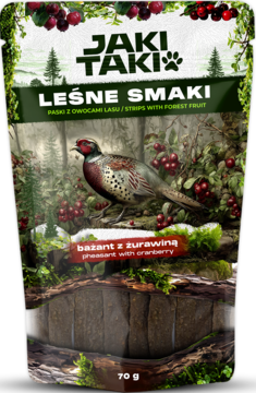 Opakowanie JAKI TAKI Leśne Smaki: paski dla psa bażant z żurawiną, zielono-brązowe, z leśną grafiką i bażantem.