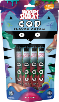 Front view: blue cat-shaped Happy Snacky cat treats pouch, Cod Flavor Cream, with four red 10g tubes inside. Colorful design.