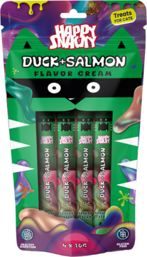 Zielone opakowanie Happy Snacky Duck+Salmon Flavor Cream dla kotów, w kształcie kota, z 4 tubkami, widok z przodu.