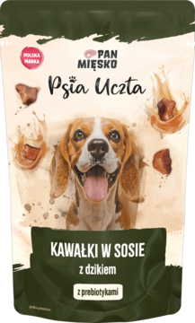 Karma mokra Pan Mięsko Psia Uczta z dzikiem i prebiotykami. Brązowo-zielona saszetka z psem beagle.
