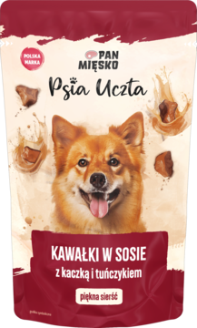 Pan Mięsko Psia Uczta Kawałki w sosie z kaczką i tuńczykiem karma, czerwona torebka, pies, dla lśniącej sierści.