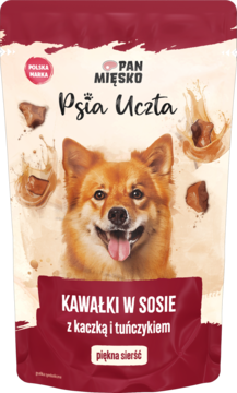 Pan Mięsko Psia Uczta Kawałki w sosie z kaczką i tuńczykiem karma, czerwona torebka, pies, dla lśniącej sierści.