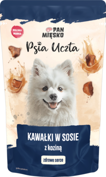 Pan Mięsko Psia Uczta, karma mokra kawałki z koziną dla psa. Beżowa saszetka z psem, tauryna na serce.