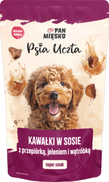 Fioletowa saszetka karmy Pan Mięsko Psia Uczta dla psa, z kawałkami w sosie z przepiórką, jeleniem i wątróbką.