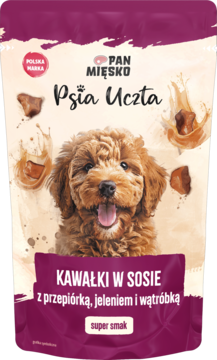 Fioletowa saszetka karmy Pan Mięsko Psia Uczta dla psa, z kawałkami w sosie z przepiórką, jeleniem i wątróbką.