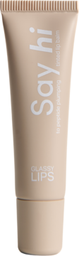 Say Hi Glassy Lips peptydowy balsam do ust, beżowa tubka, widok z przodu, z napisem "tinted lip balm".
