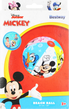 Piłka plażowa Bestway Disney Mickey 51 cm, wielokolorowa, z postaciami, w czerwonym opakowaniu z okienkiem. Widok frontalny.