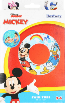 Front opakowania czerwonego koła do pływania Bestway Disney Junior Mickey z Myszką Miki i Kaczorem Donaldem.