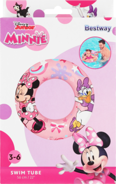 Różowy dmuchany materac Minnie Swim Tube Bestway dla dzieci 3-6 lat, z postaciami Disney'a, na opakowaniu.