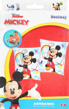 Opaski dmuchane Bestway Disney Mickey na ramiona, wiek 3-6. Widok przodu czerwono-żółtego opakowania.