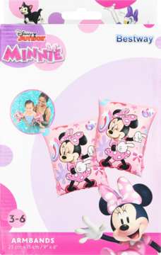 Różowe dmuchane rękawki do pływania Bestway Disney Minnie dla dzieci 3-6 lat, w opakowaniu, widok z przodu.