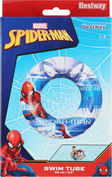 Zapakowane dmuchane koło do pływania Bestway Marvel Spider-Man, biało-niebieskie z wizerunkiem, widok z przodu.