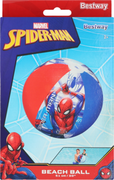 Piłka plażowa Marvel Spider-Man 51 cm, czerwono-niebieska z grafiką Spider-Mana, w opakowaniu Bestway.