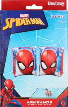 Rękawki Bestway Marvel Spider-Man dla dzieci 3-6 lat. Dwa czerwone rękawki z maską Spider-Mana na opakowaniu.