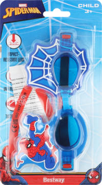 Okularki pływackie Bestway Spider-Man dla dzieci, niebieskie, z pajęczą siecią i figurką, w blistrze, odporne.