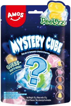 Amos Mystery Cube Peelers, granatowe opakowanie żelek owocowych do obierania z zagadką, widok z przodu.