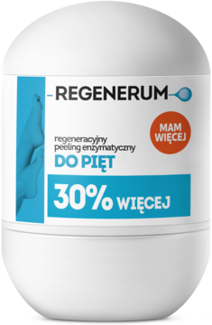 Biały pojemnik Regenerum - regeneracyjny peeling enzymatyczny do pięt, z niebieską etykietą i tekstem '30% więcej'.