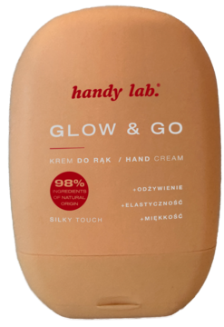 Handy Lab GLOW & GO odżywczy krem do rąk w brzoskwiniowej, zaokrąglonej butelce z matowym wykończeniem, widok z przodu.
