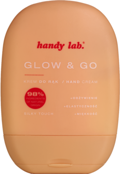 Brzoskwiniowy krem do rąk handy lab. Glow & Go Silky Touch, 98% nat. składników, widok z przodu.