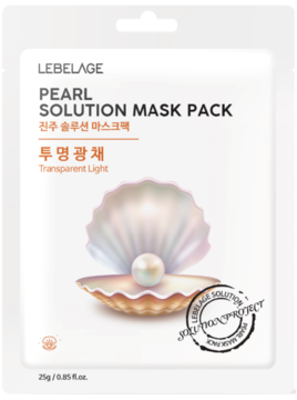 LEBELAGE Pearl Solution Mask Pack, biała saszetka z grafiką perły i muszli, przód, rozświetlająca.