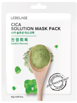LEBELAGE CICA SOLUTION MASK PACK, biała saszetka z zielonym proszkiem cica w łyżce, kojąca maska regenerująca.
