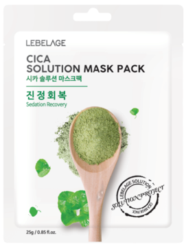 LEBELAGE CICA SOLUTION MASK PACK, biała saszetka z zielonym proszkiem cica w łyżce, kojąca maska regenerująca.