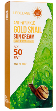 LEBELAGE Gold Snail Sun Cream SPF 50+ PA+++ w pomarańczowo-zielonym pudełku, widok z przodu pod kątem.
