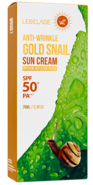 LEBELAGE Gold Snail Sun Cream SPF 50+ PA+++ w pomarańczowo-zielonym pudełku, widok z przodu pod kątem.