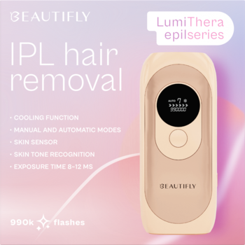 Beżowo-biały depilator IPL Beautifly LumiThera Epil, widok z przodu. Posiada funkcję chłodzenia i 990 tys. błysków.