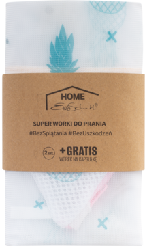 Zestaw 3 worków do prania Ewa Schmitt HOME: 2 na odzież i 1 na kapsułki, z nadrukiem ananasów, owinięte brązową opaską.