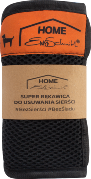 Złożona czarna rękawica siateczkowa Ewa Schmitt HOME do usuwania sierści, z etykietami, widok z przodu.