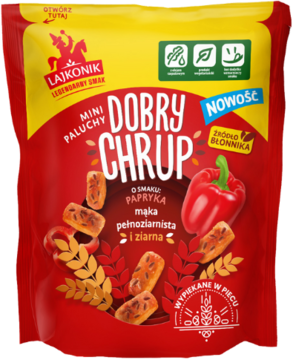 Czerwono-żółta paczka Lajkonik Dobry Chrup mini paluchy o smaku paprykowym 100g, widok z przodu.