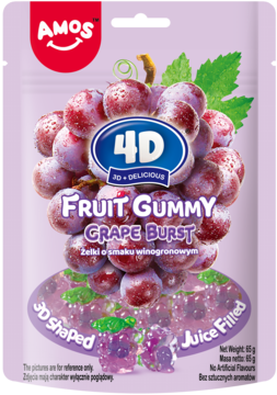 Fioletowa saszetka Amos 4D Fruit Gummy Grape Burst z winogronowymi żelkami 3D, wypełnionymi sokiem.